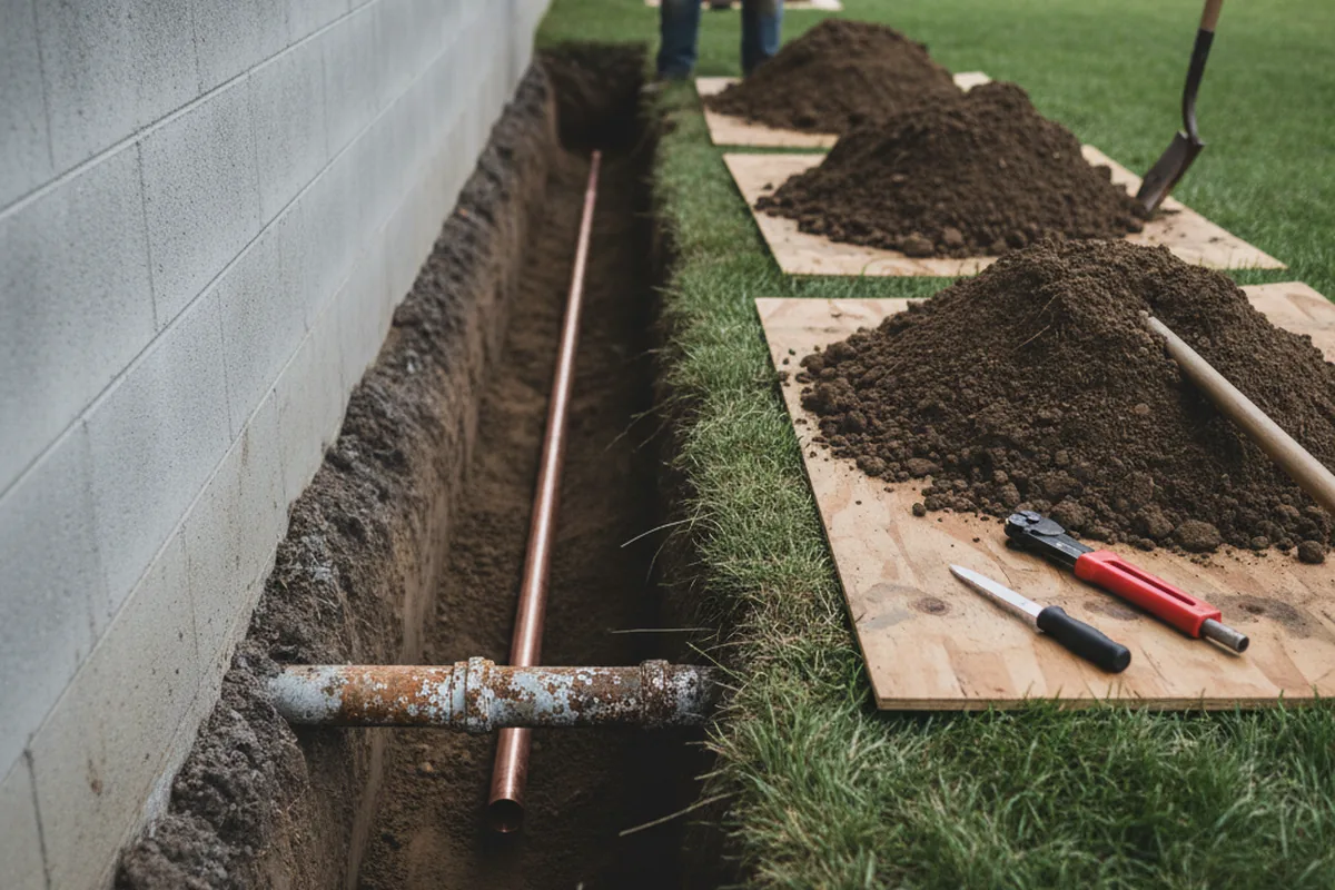 Excavated water line trench during Water Heater Repair in Girdler